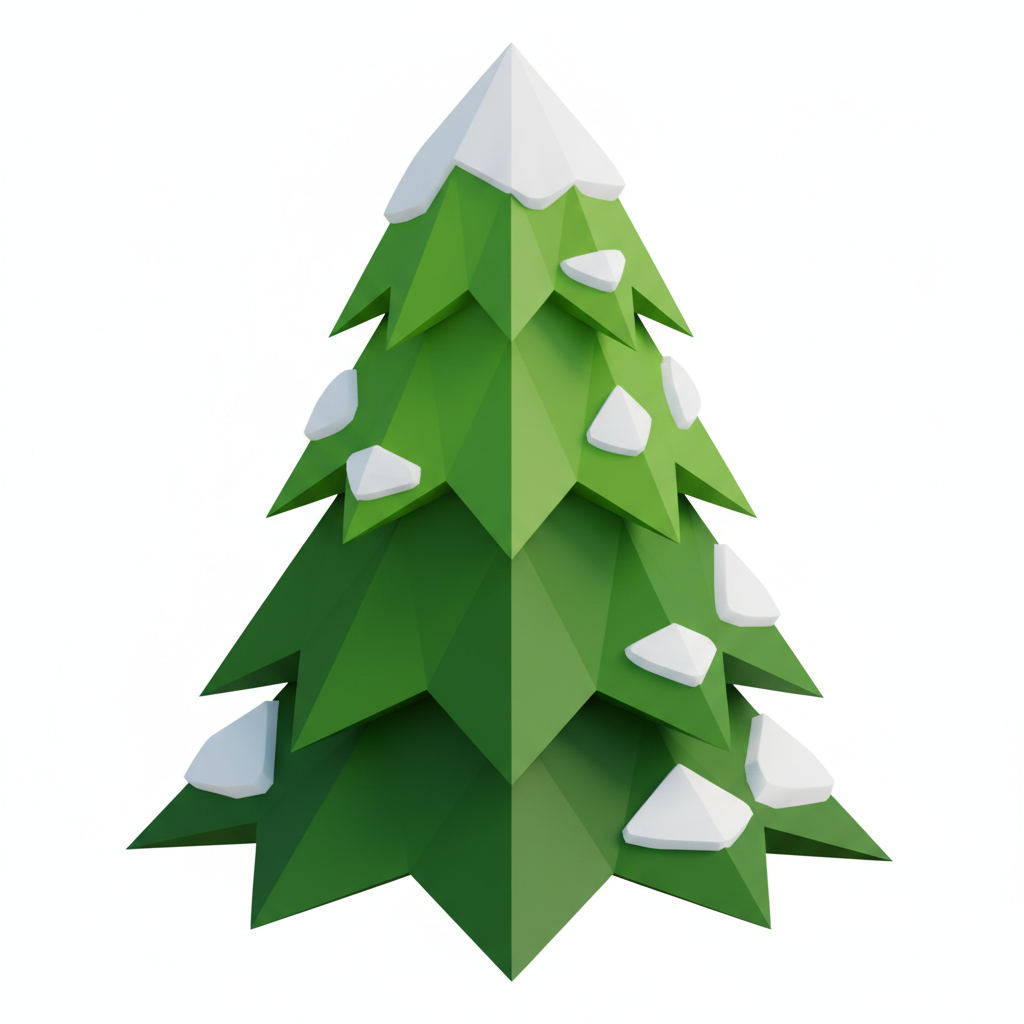 A collection of stylized pine trees, low polygon count, gradient green textures, snowy tips, suitable for a mobile strategy game map.