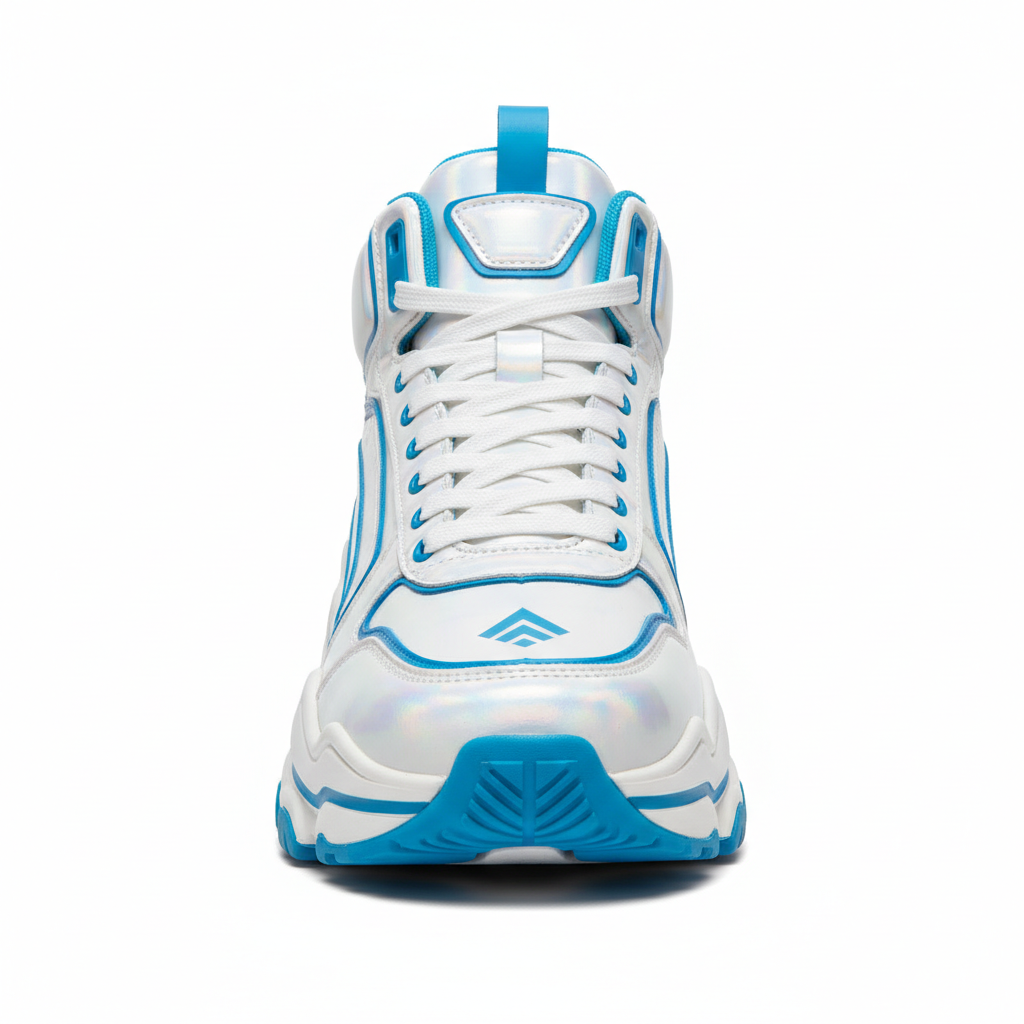 Futuristic high-top sneaker, chunky sole, holographic white leather material, neon blue accents, streetwear style, clean commercial render.