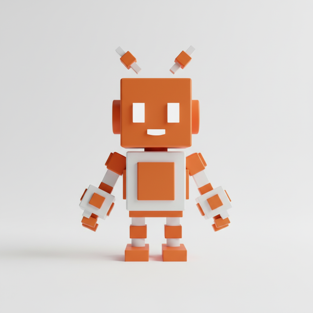 A cute blocky robot helper, voxel art style, orange and white color scheme, simple geometry, floating antennas, vibrant colors.