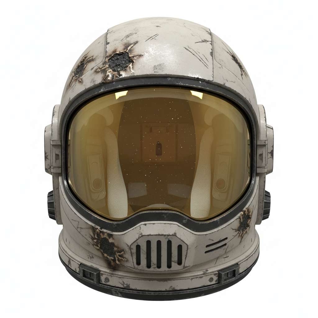Worn astronaut helmet, gold reflective visor, white tactical padding, scratches and battle damage, realistic sci-fi prop, Unreal Engine 5 style.